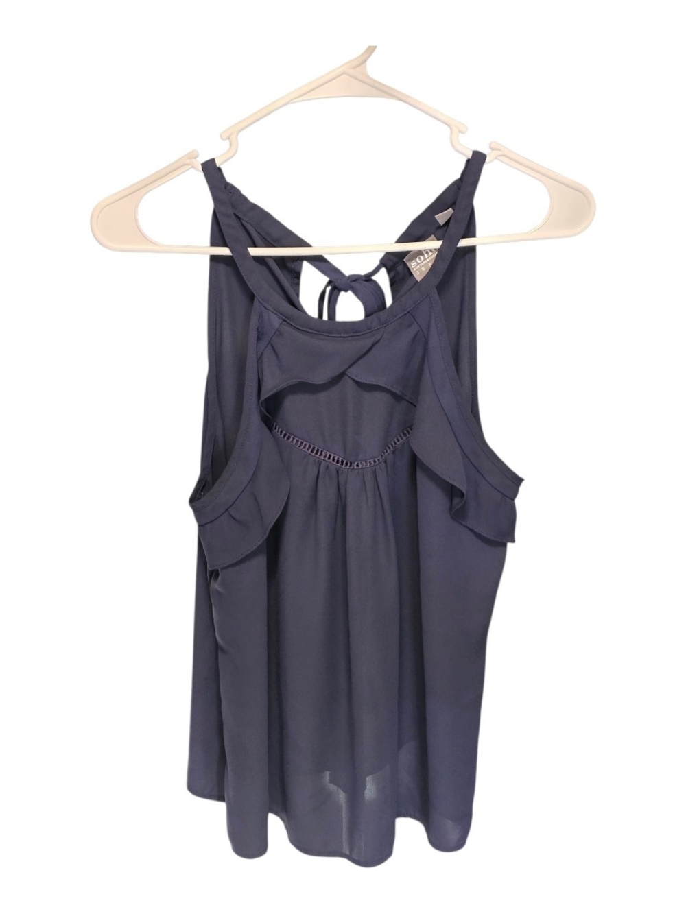 Soho Dark Navy Ruffle Halter Tank